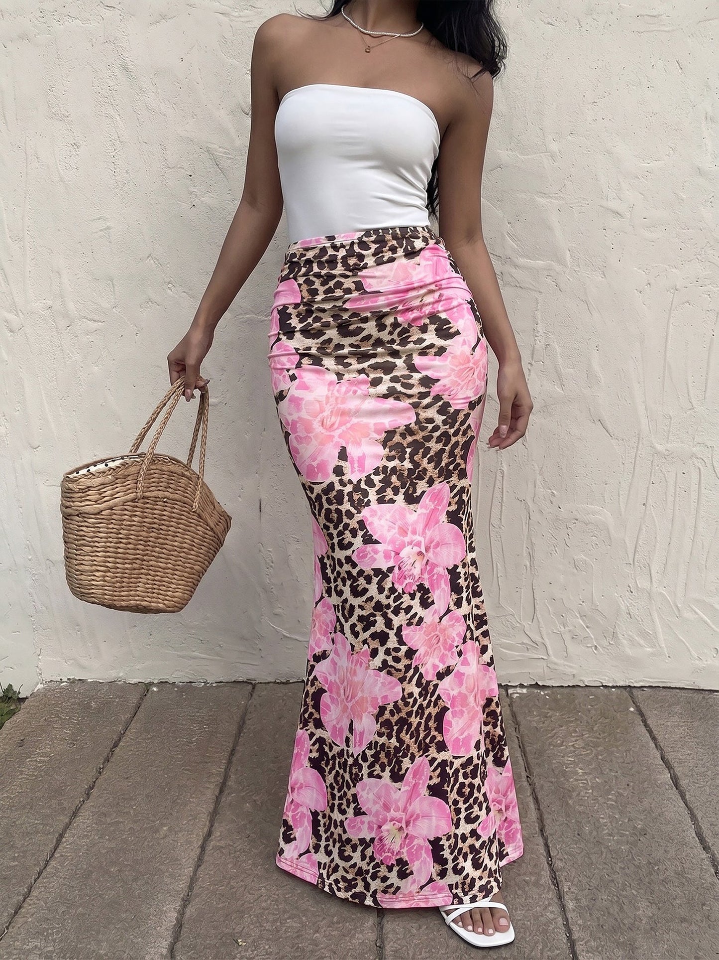 Floral Leopard Bodycon Fishtail Maxi Skirt