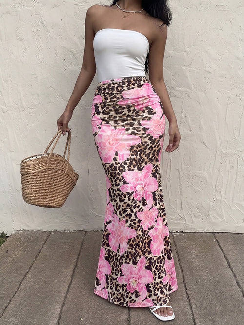 Floral Leopard Bodycon Fishtail Maxi Skirt