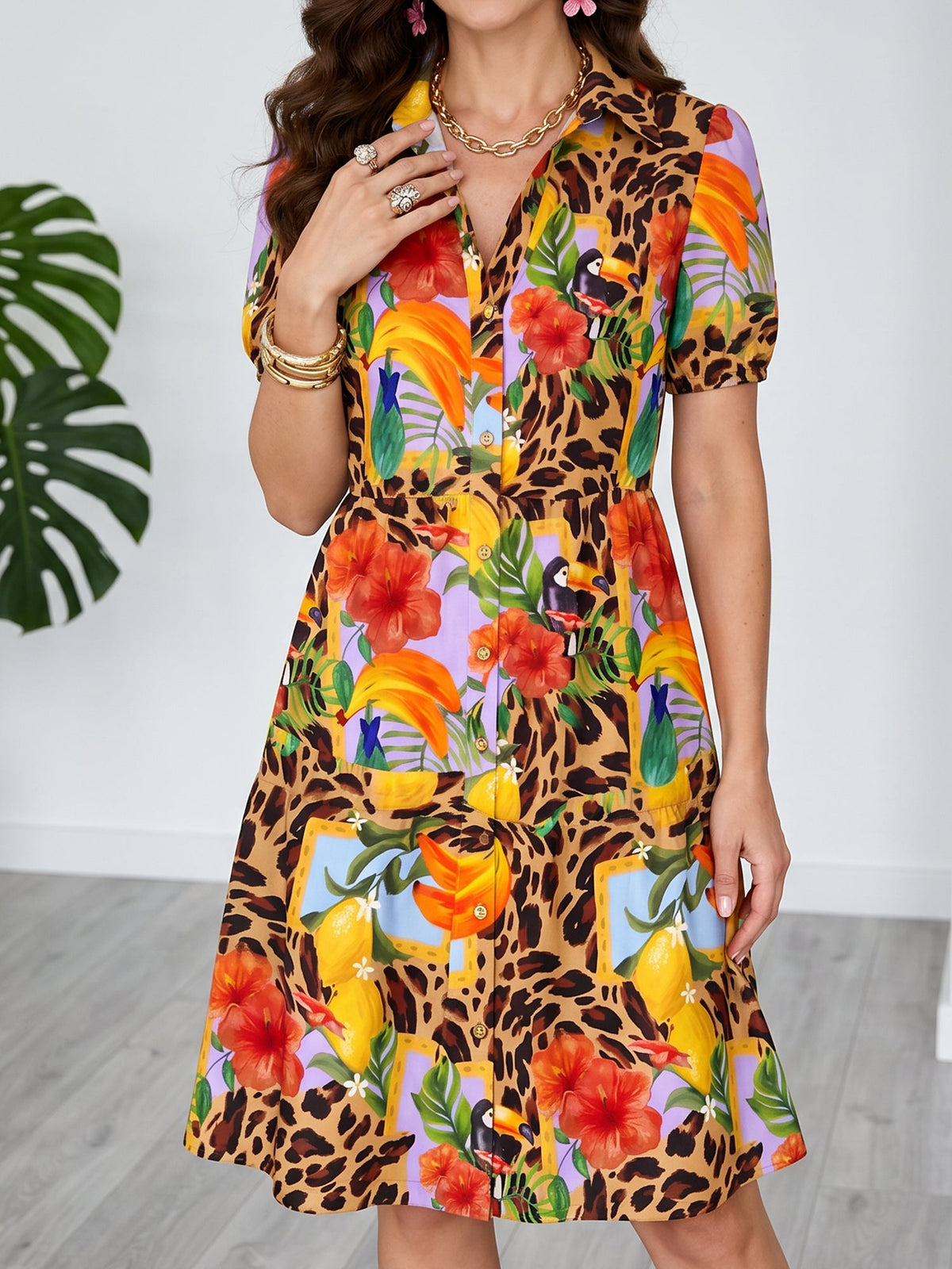 Floral Printed Short Sleeves A-Line Shirt Dress