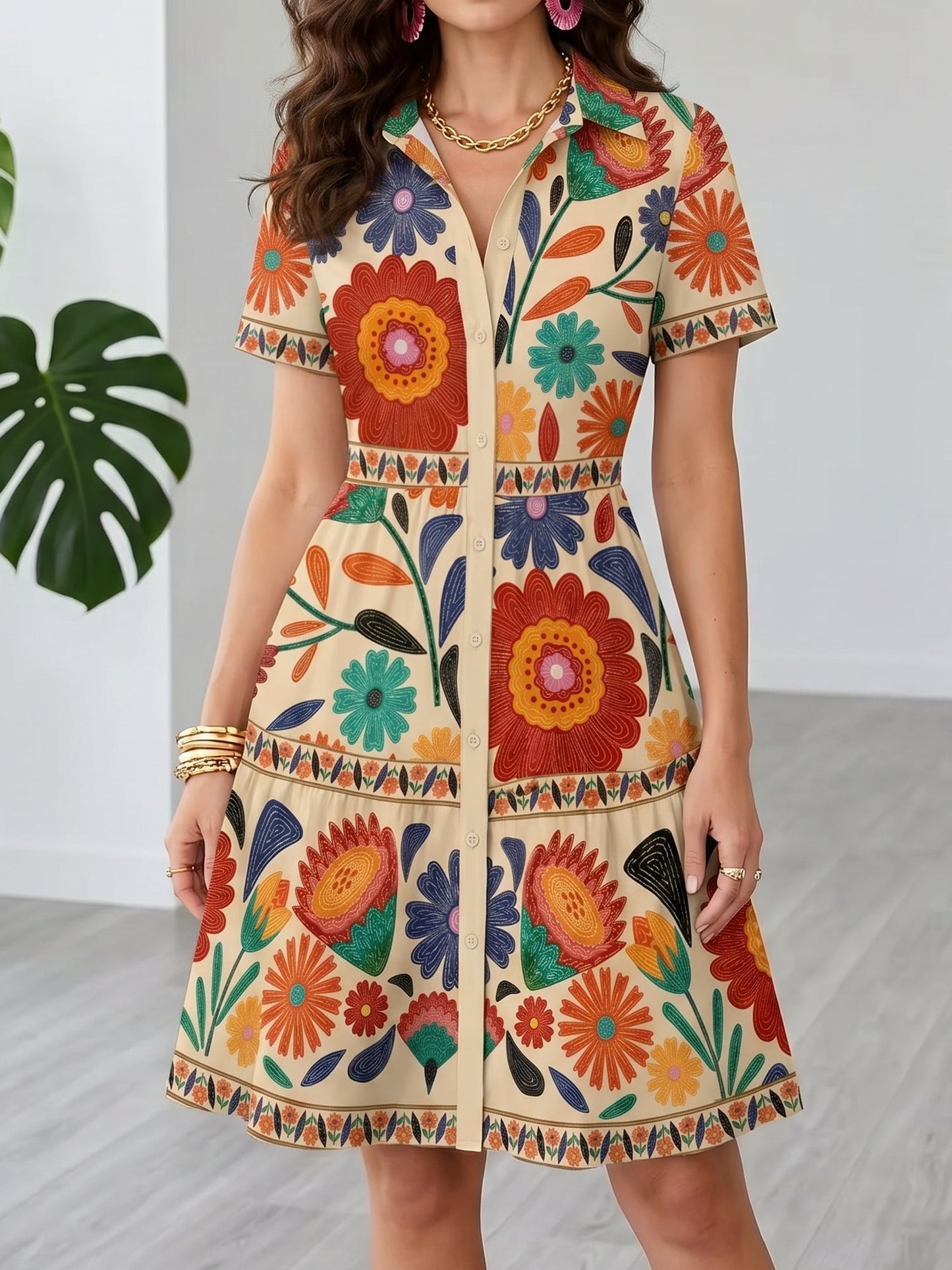Floral Printed Short Sleeves A-Line Shirt Dress