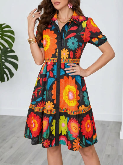 Floral Printed Short Sleeves A-Line Shirt Dress