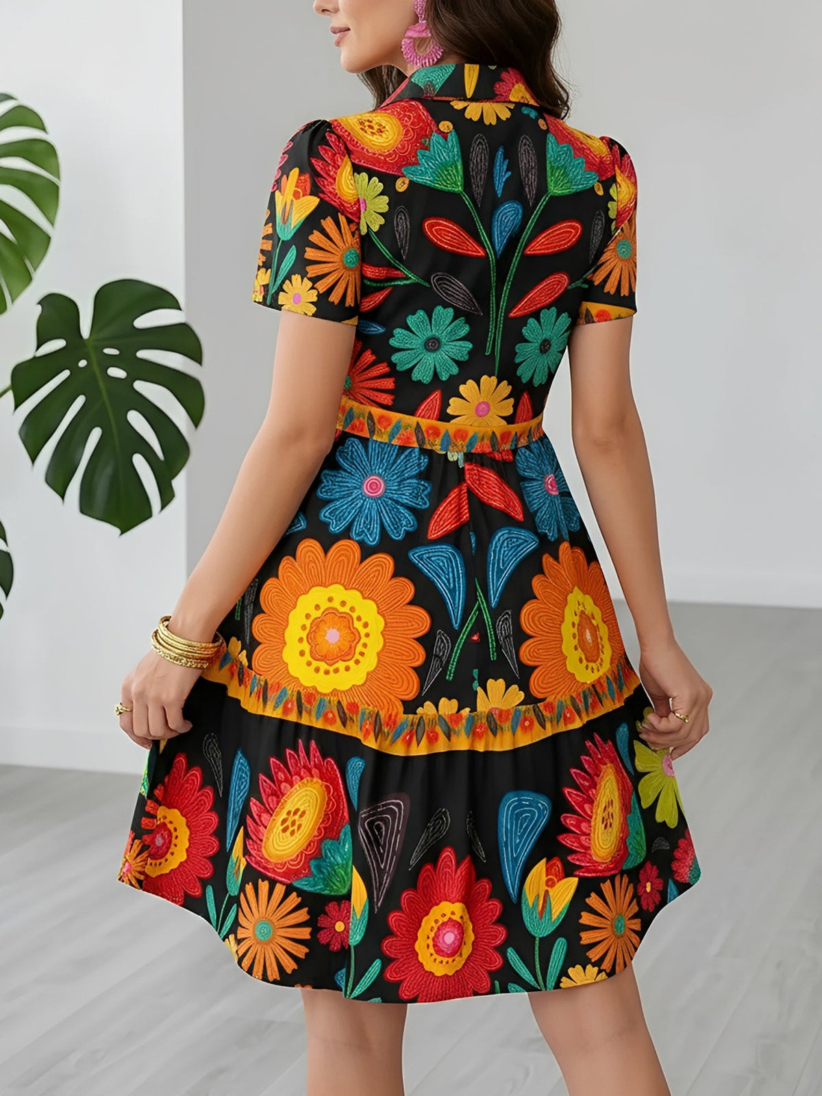 Floral Printed Short Sleeves A-Line Shirt Dress