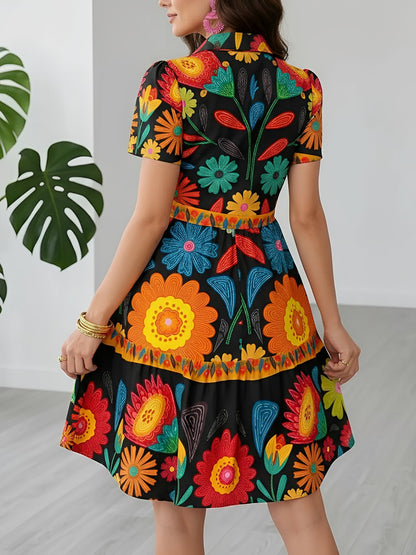 Floral Printed Short Sleeves A-Line Shirt Dress