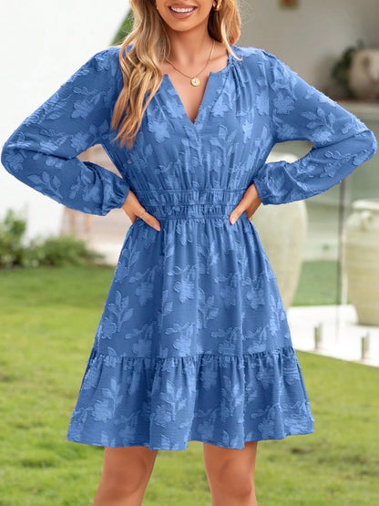 Notch Neck Jacquard Elastic Waist A-Line Dress