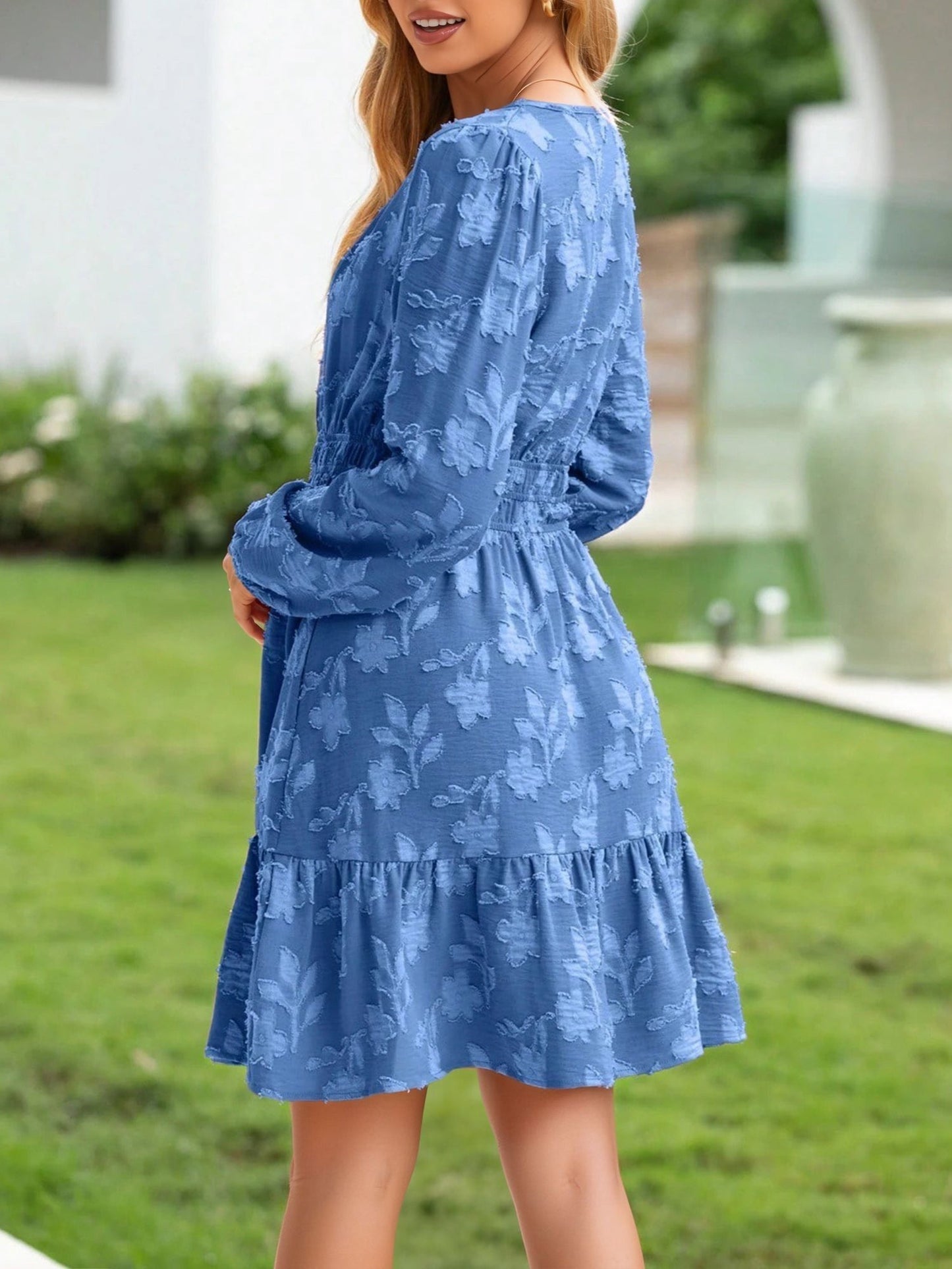 Notch Neck Jacquard Elastic Waist A-Line Dress