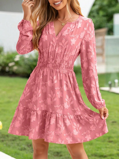 Notch Neck Jacquard Elastic Waist A-Line Dress