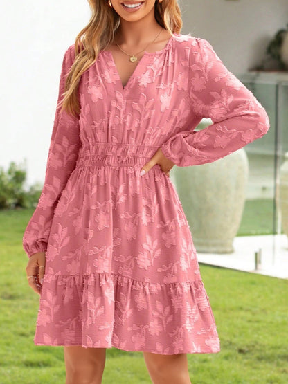 Notch Neck Jacquard Elastic Waist A-Line Dress