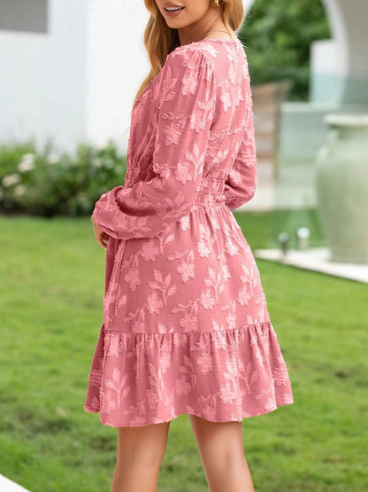 Notch Neck Jacquard Elastic Waist A-Line Dress