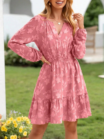 Notch Neck Jacquard Elastic Waist A-Line Dress