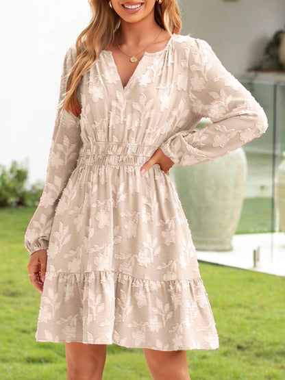 Notch Neck Jacquard Elastic Waist A-Line Dress