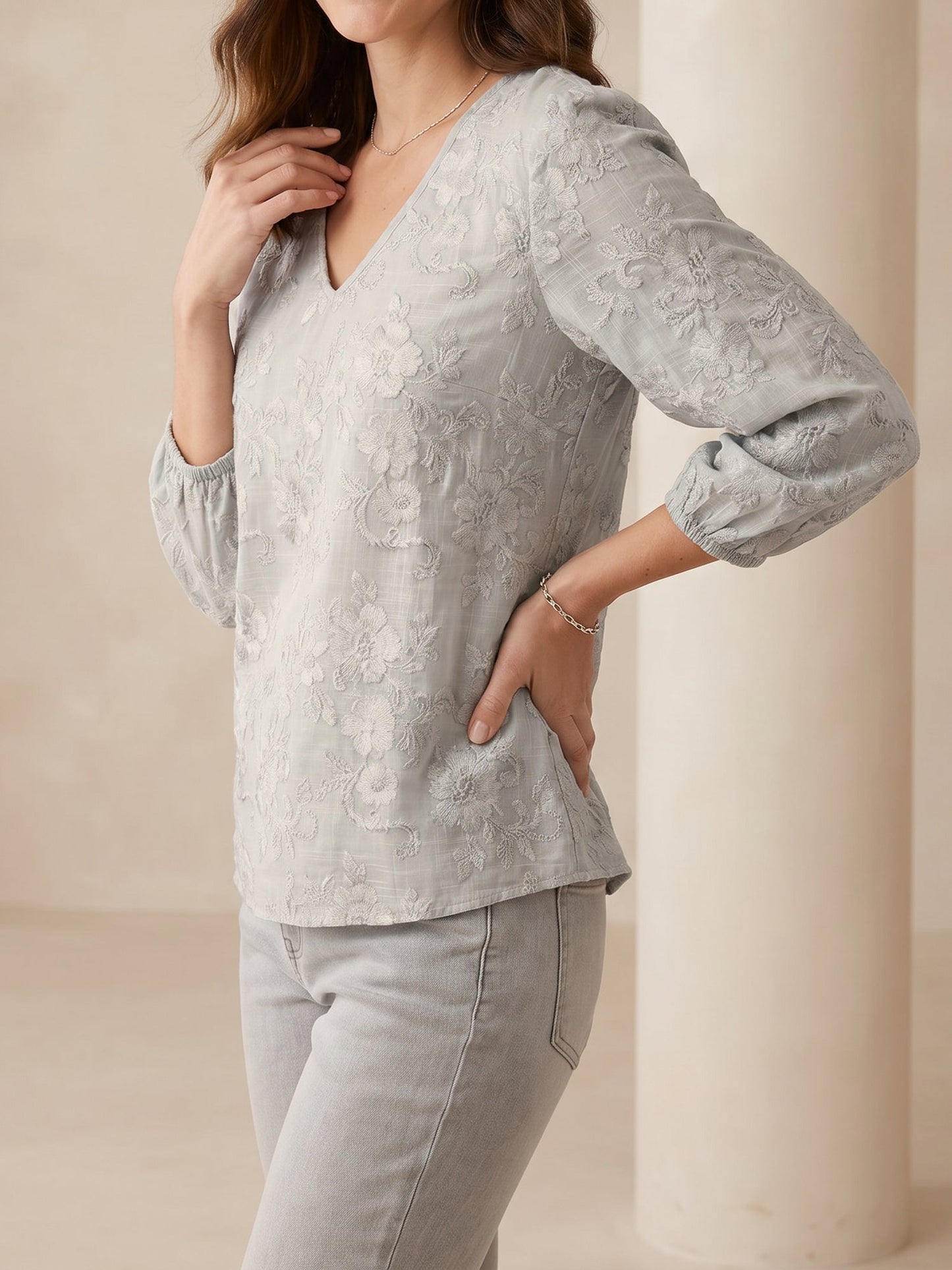 Printed Floral Puff 3/4 Sleeve V Neck Casual Blouse