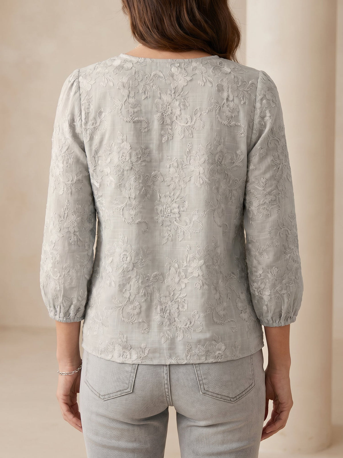 Printed Floral Puff 3/4 Sleeve V Neck Casual Blouse