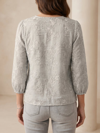 Printed Floral Puff 3/4 Sleeve V Neck Casual Blouse