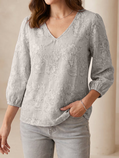 Printed Floral Puff 3/4 Sleeve V Neck Casual Blouse