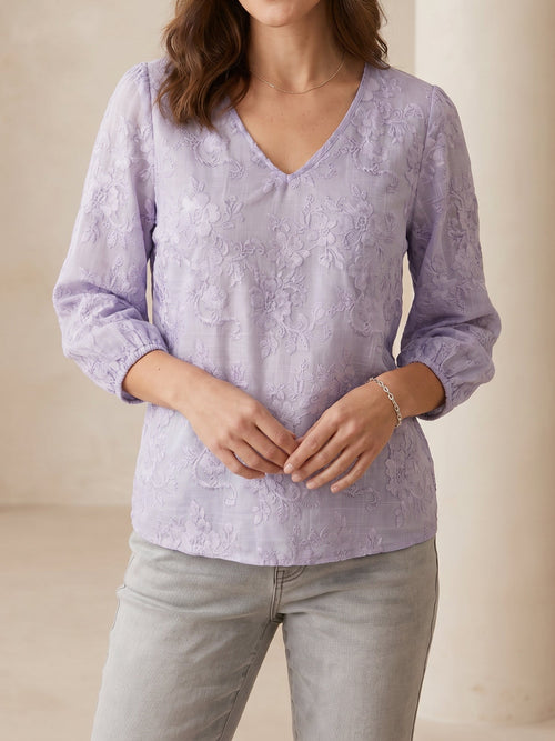 Printed Floral Puff 3/4 Sleeve V Neck Casual Blouse