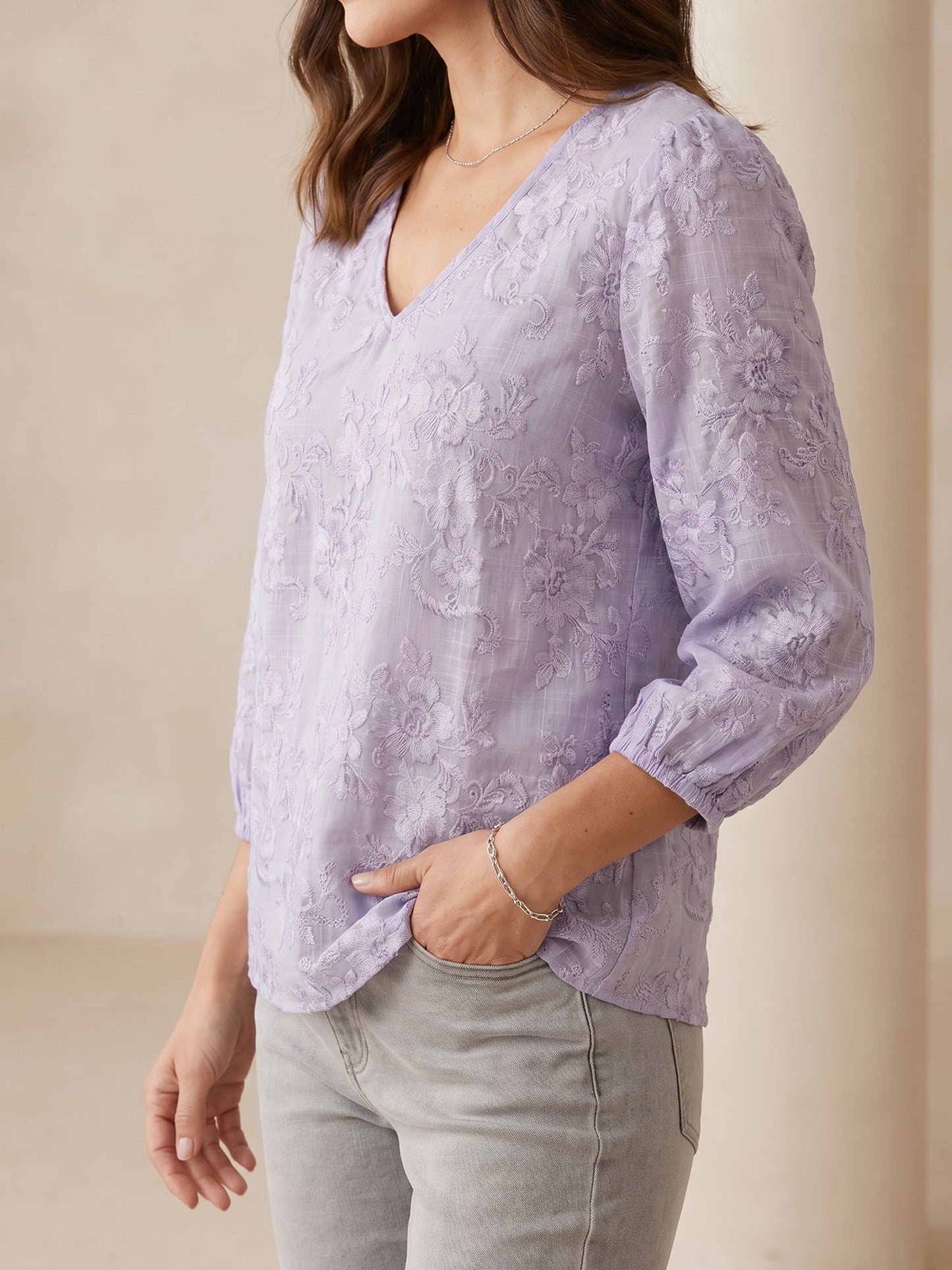 Printed Floral Puff 3/4 Sleeve V Neck Casual Blouse