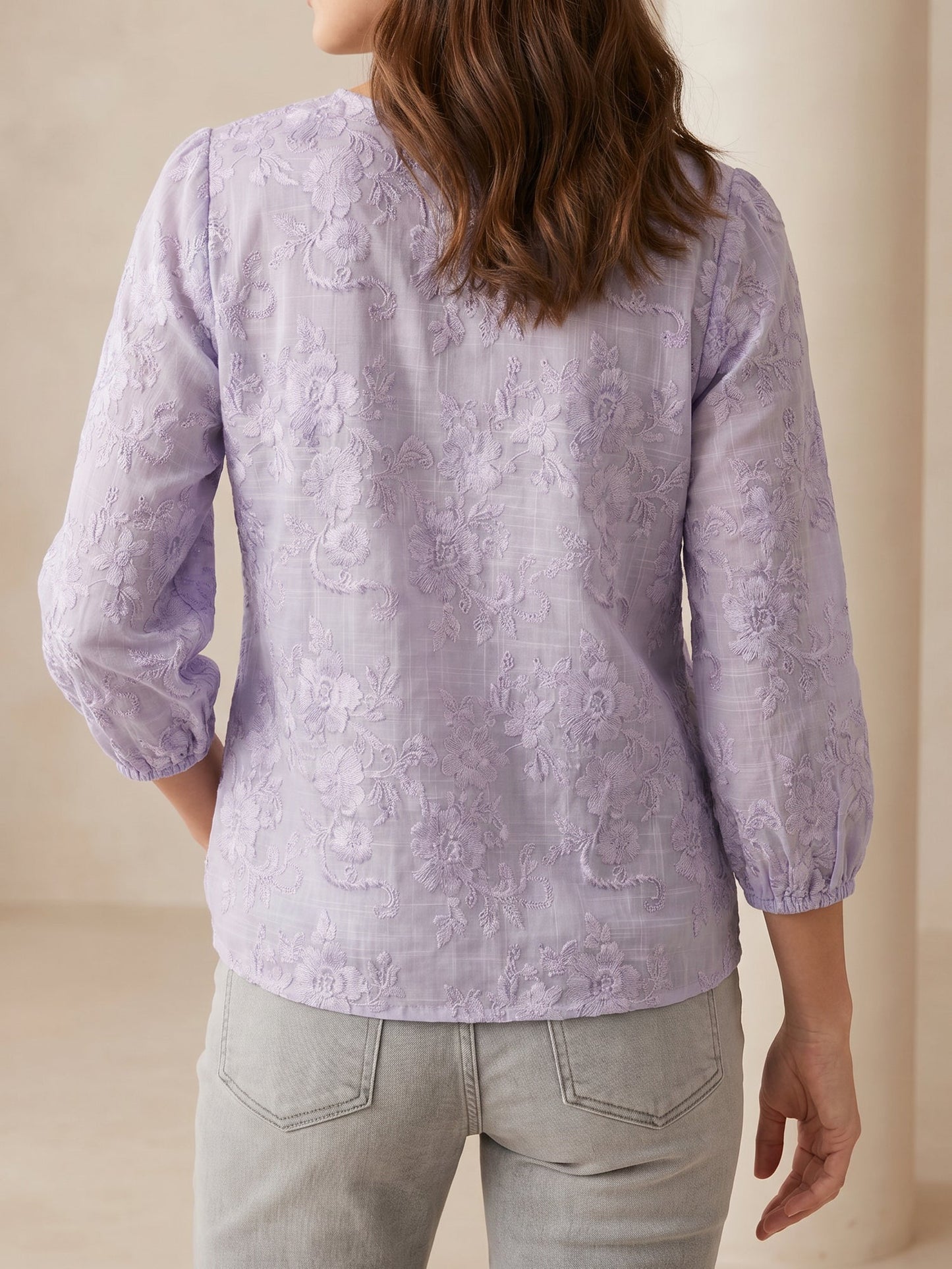 Printed Floral Puff 3/4 Sleeve V Neck Casual Blouse