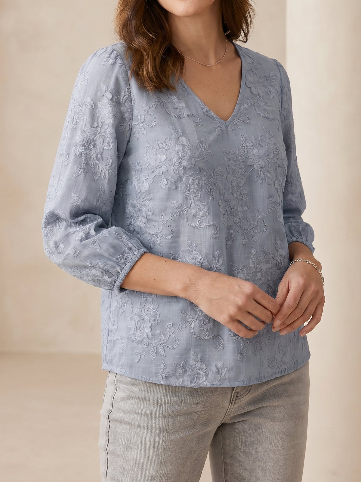 Printed Floral Puff 3/4 Sleeve V Neck Casual Blouse