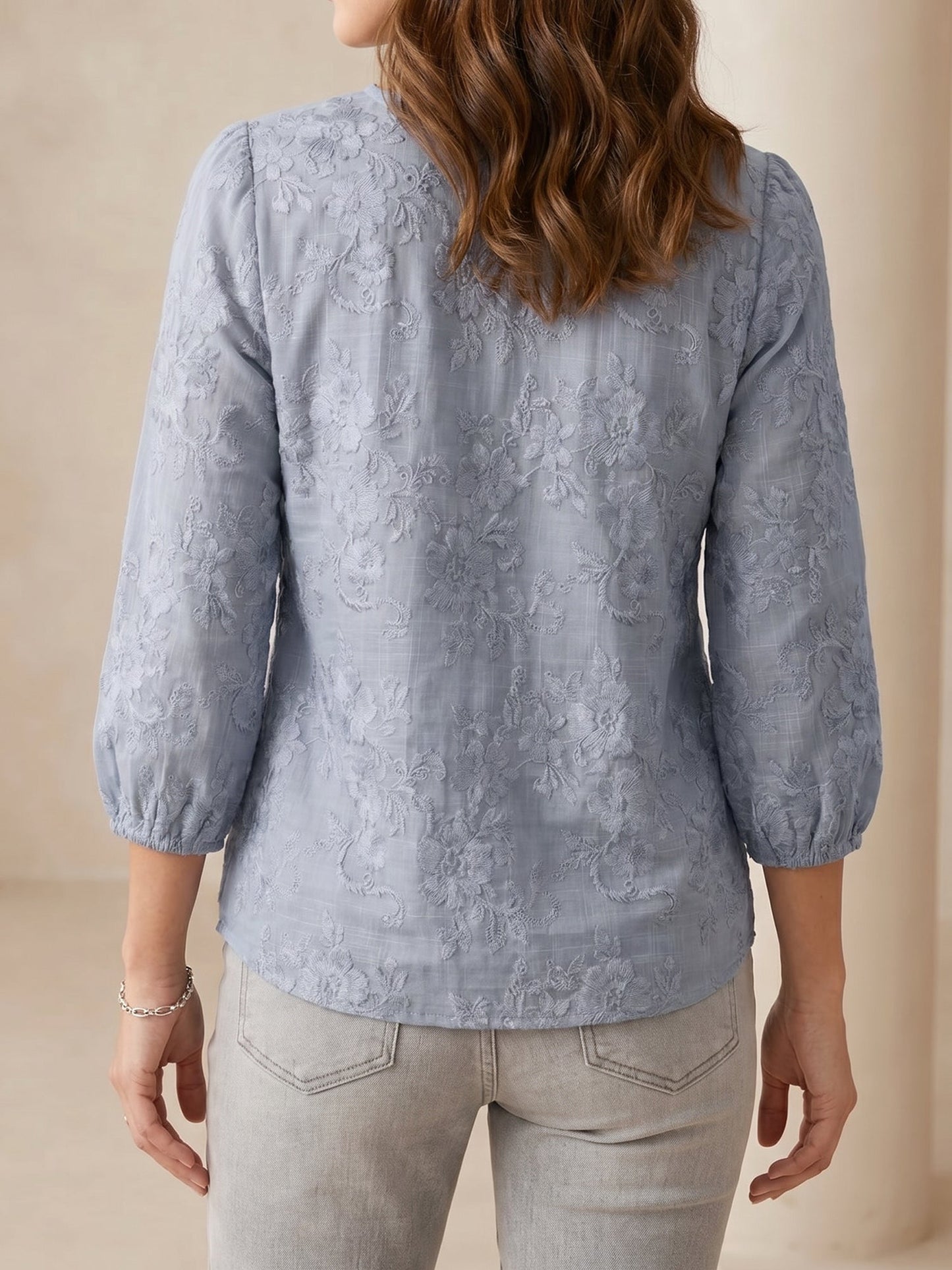 Printed Floral Puff 3/4 Sleeve V Neck Casual Blouse