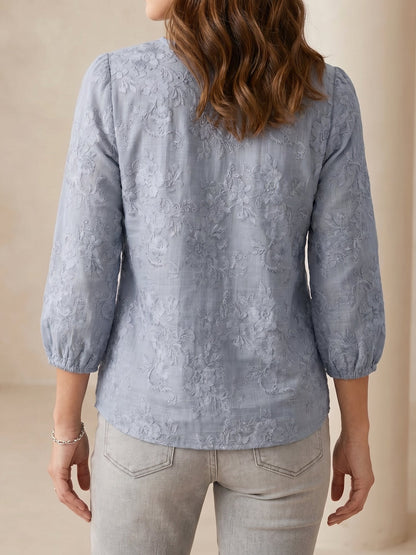 Printed Floral Puff 3/4 Sleeve V Neck Casual Blouse
