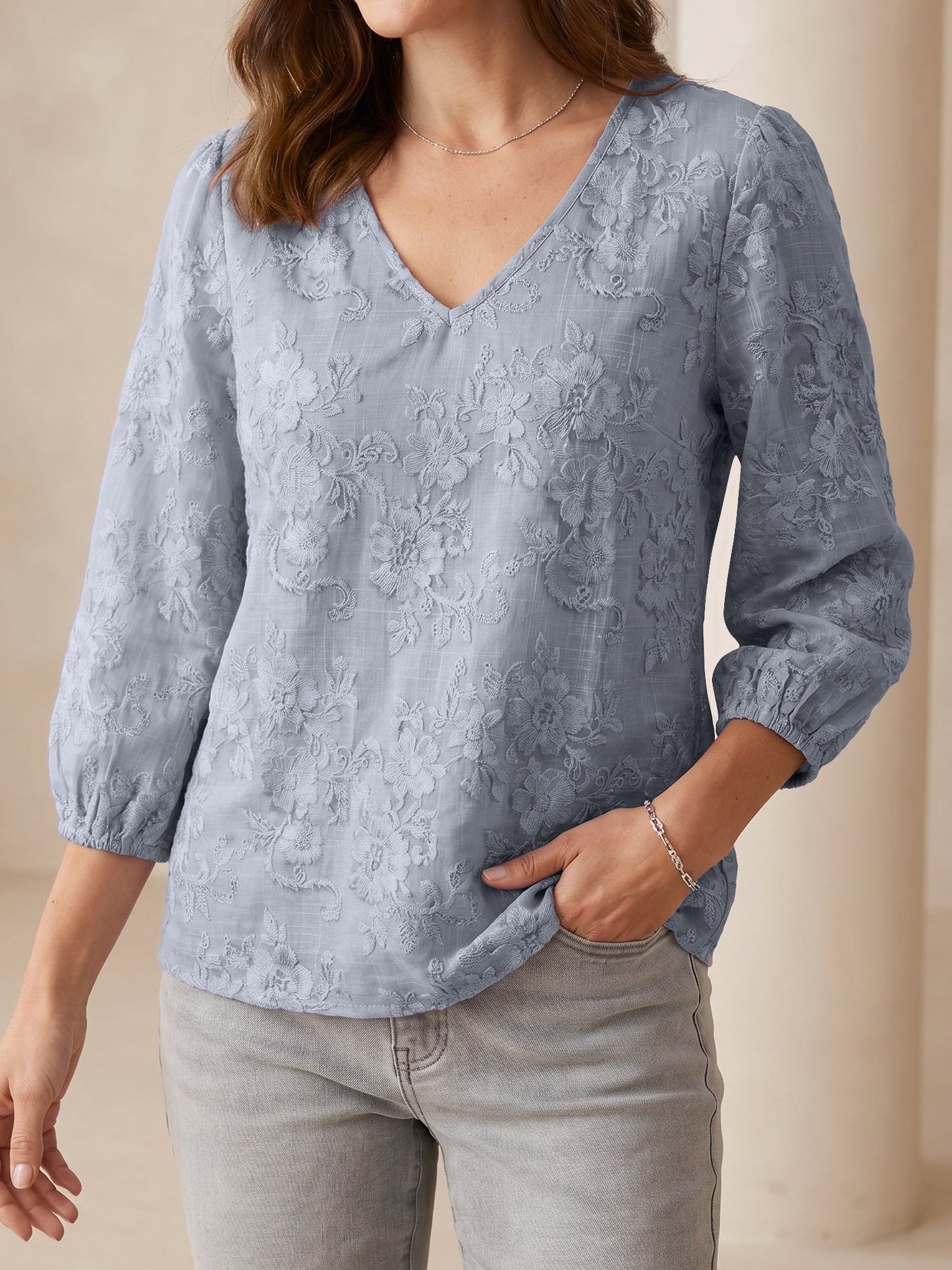 Printed Floral Puff 3/4 Sleeve V Neck Casual Blouse