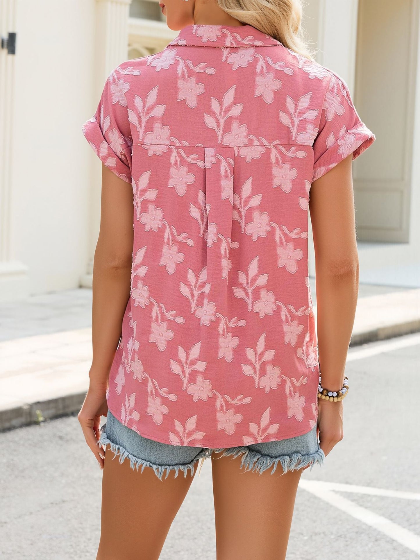 Collared Button Down Short Sleeves Jacquard Blouse