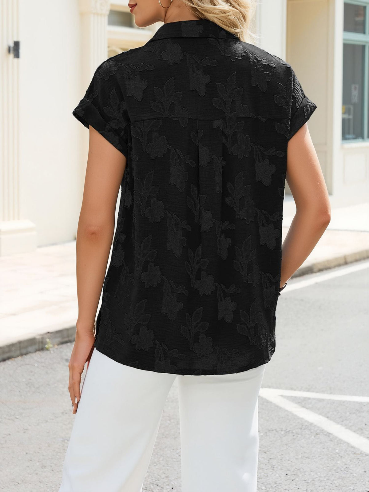 Collared Button Down Short Sleeves Jacquard Blouse
