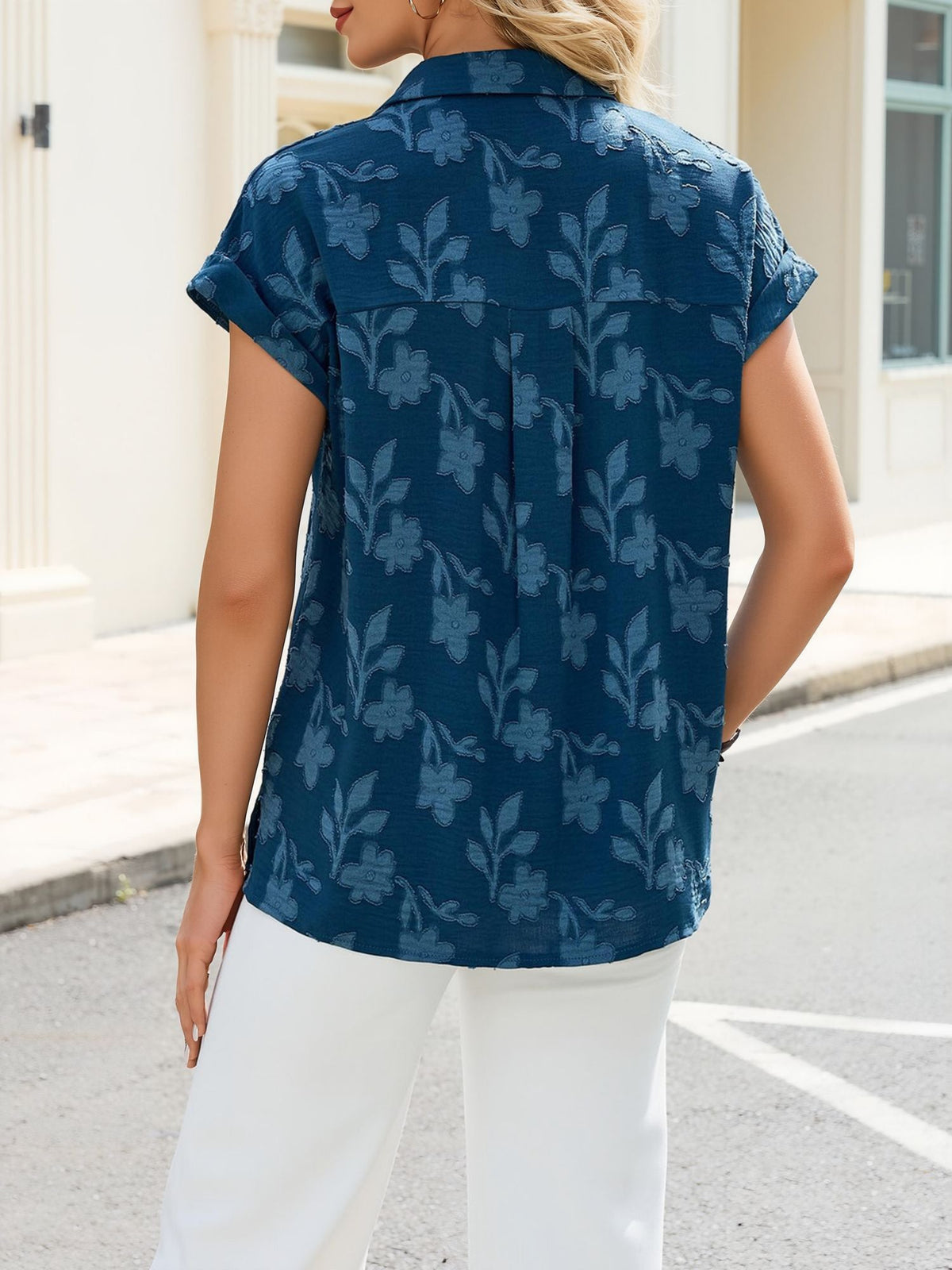Collared Button Down Short Sleeves Jacquard Blouse