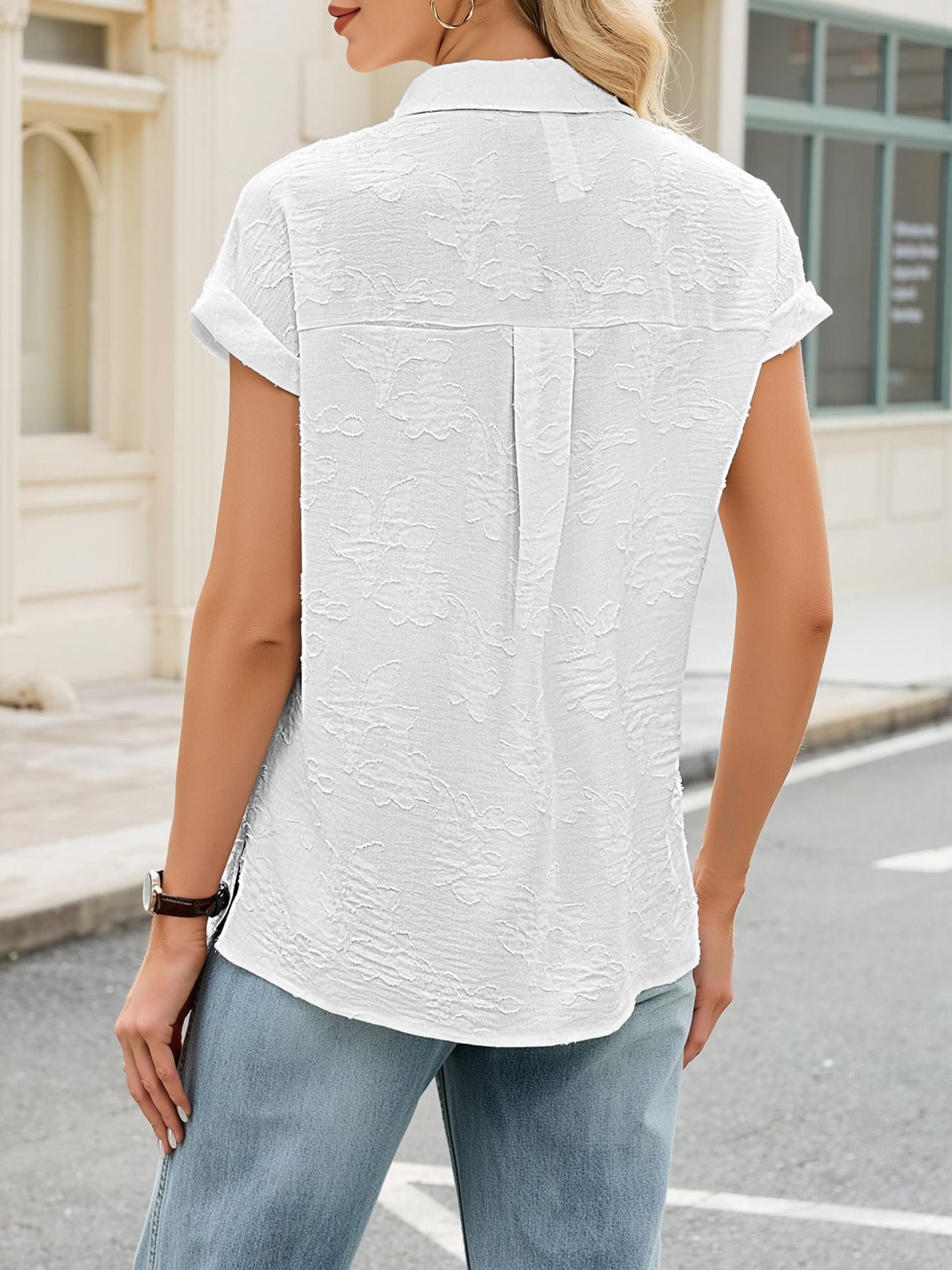 Collared Button Down Short Sleeves Jacquard Blouse