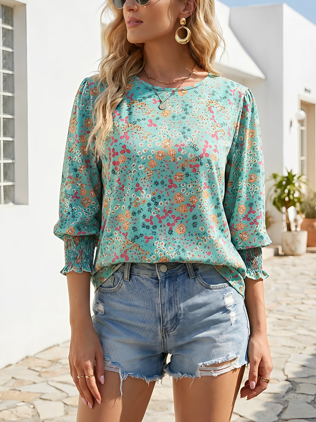 Casual Printed 3/4 Sleeve Round Neck Blouse