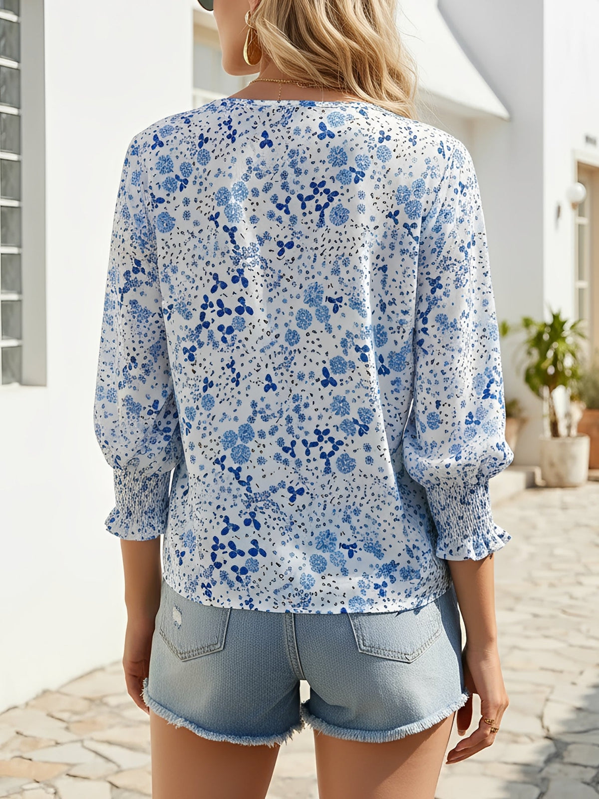 Casual Printed 3/4 Sleeve Round Neck Blouse