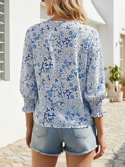 Casual Printed 3/4 Sleeve Round Neck Blouse
