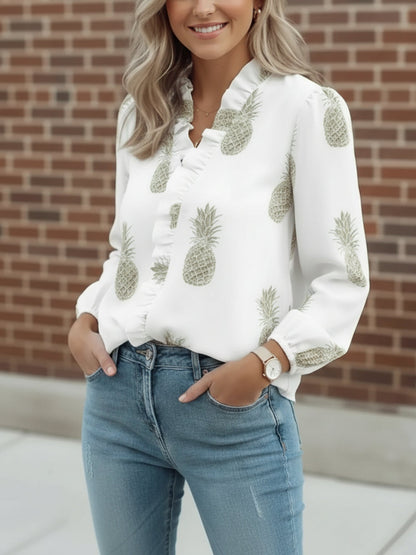 3/4 Puff Sleeve V Neck Ruffled Printed Blouse
