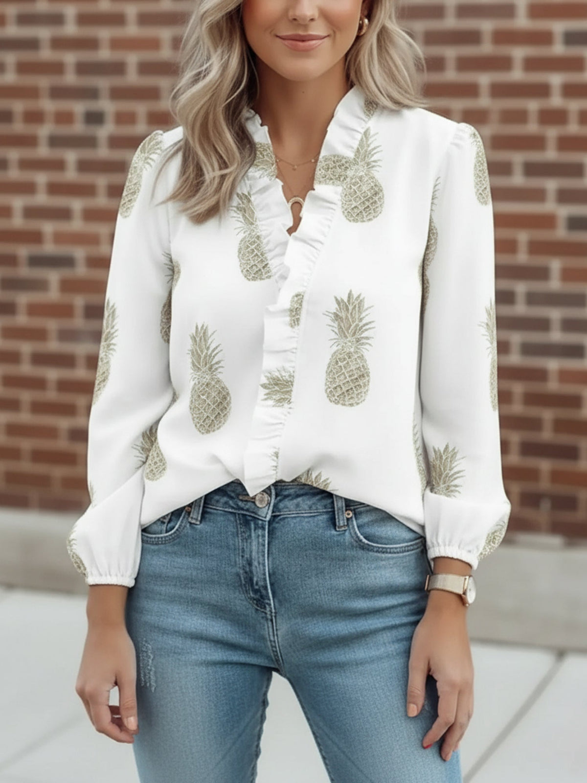 3/4 Puff Sleeve V Neck Ruffled Printed Blouse