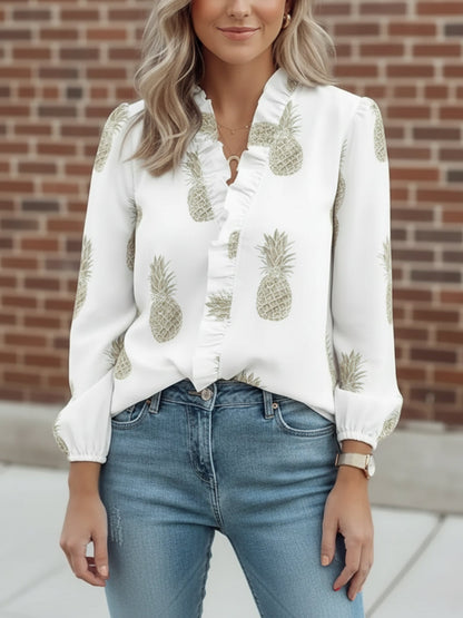 3/4 Puff Sleeve V Neck Ruffled Printed Blouse