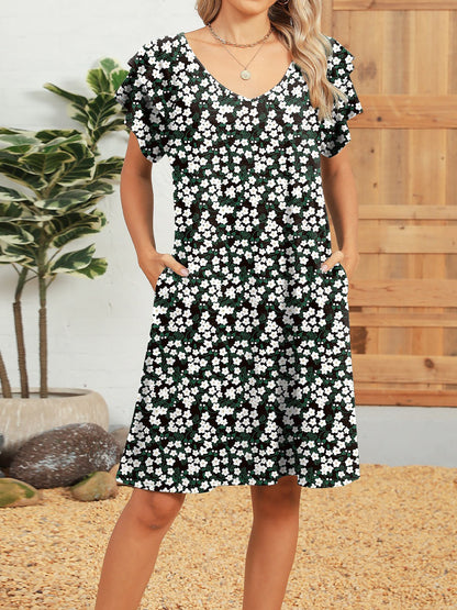 Printed V-Neck Ruffled Short-Sleeve Pockets Dress