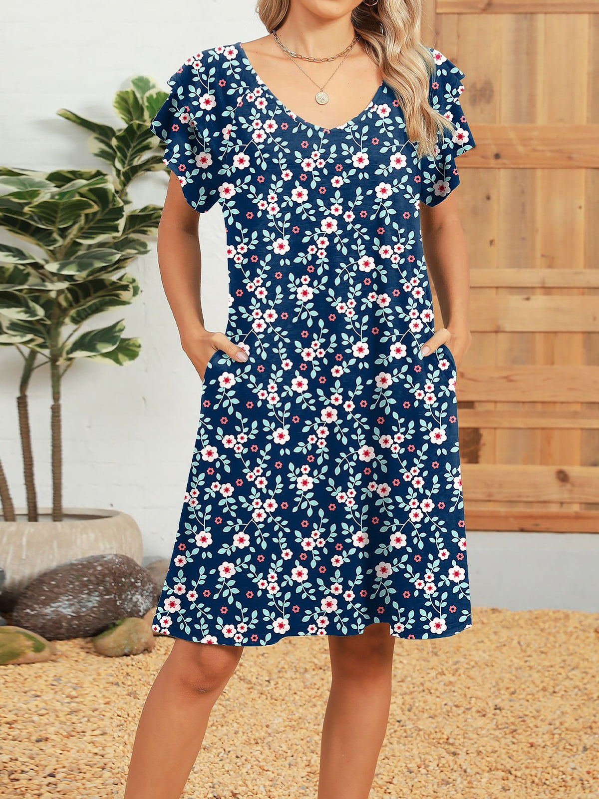 Printed V-Neck Ruffled Short-Sleeve Pockets Dress