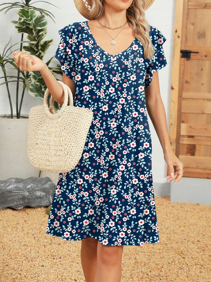 Printed V-Neck Ruffled Short-Sleeve Pockets Dress