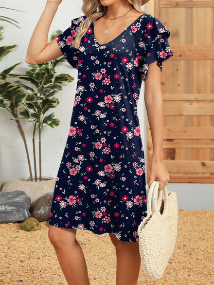Printed V-Neck Ruffled Short-Sleeve Pockets Dress