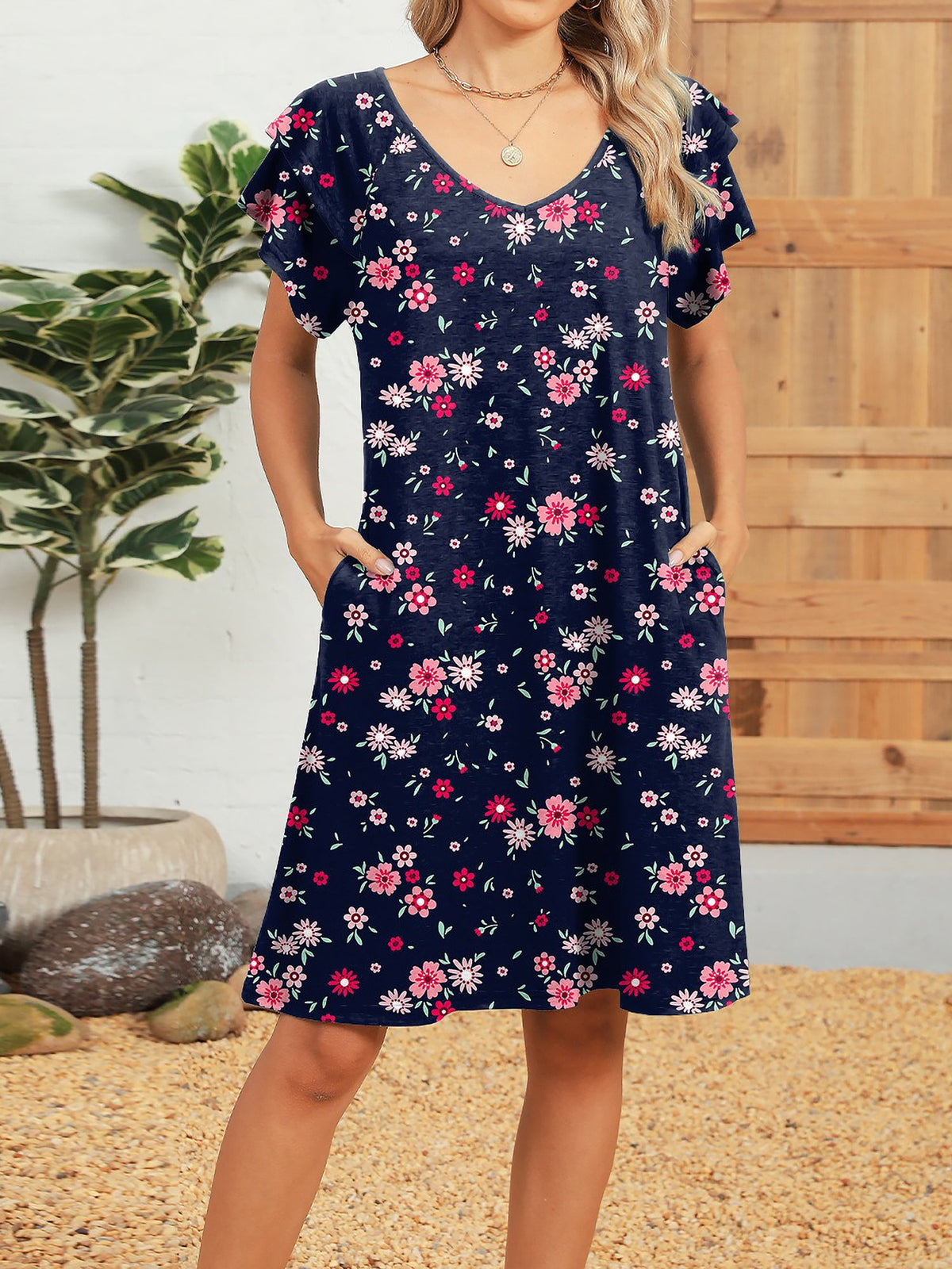 Printed V-Neck Ruffled Short-Sleeve Pockets Dress
