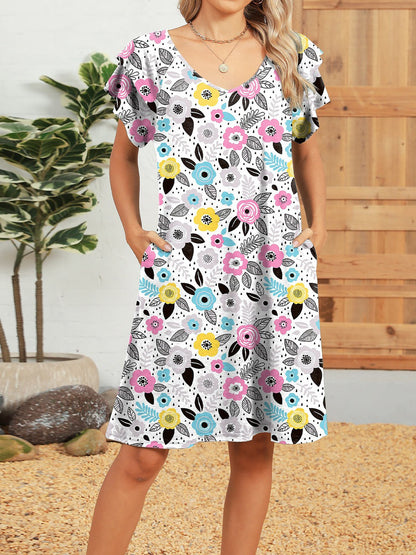 Printed V-Neck Ruffled Short-Sleeve Pockets Dress