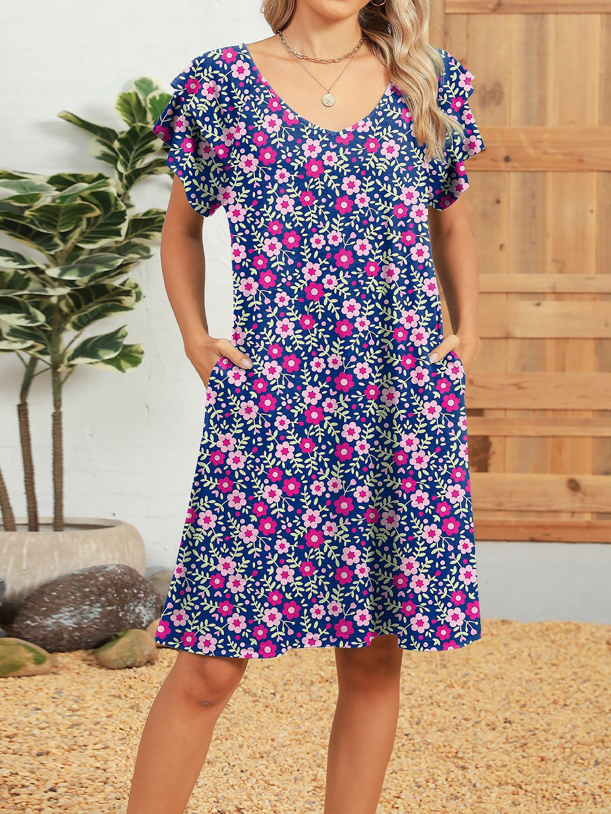 Printed V-Neck Ruffled Short-Sleeve Pockets Dress