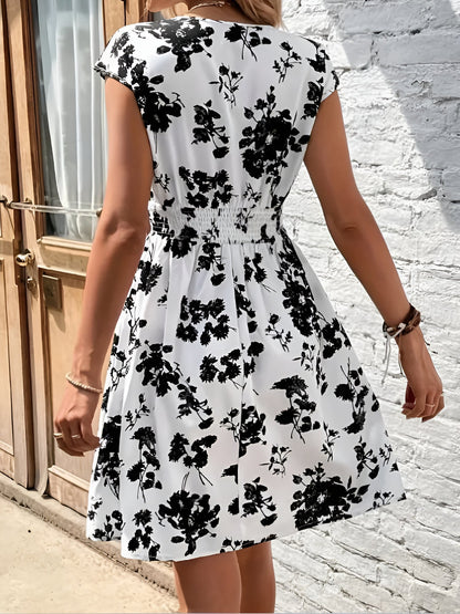 Leopard Floral V-Neck Cap Sleeves A-Line Dress