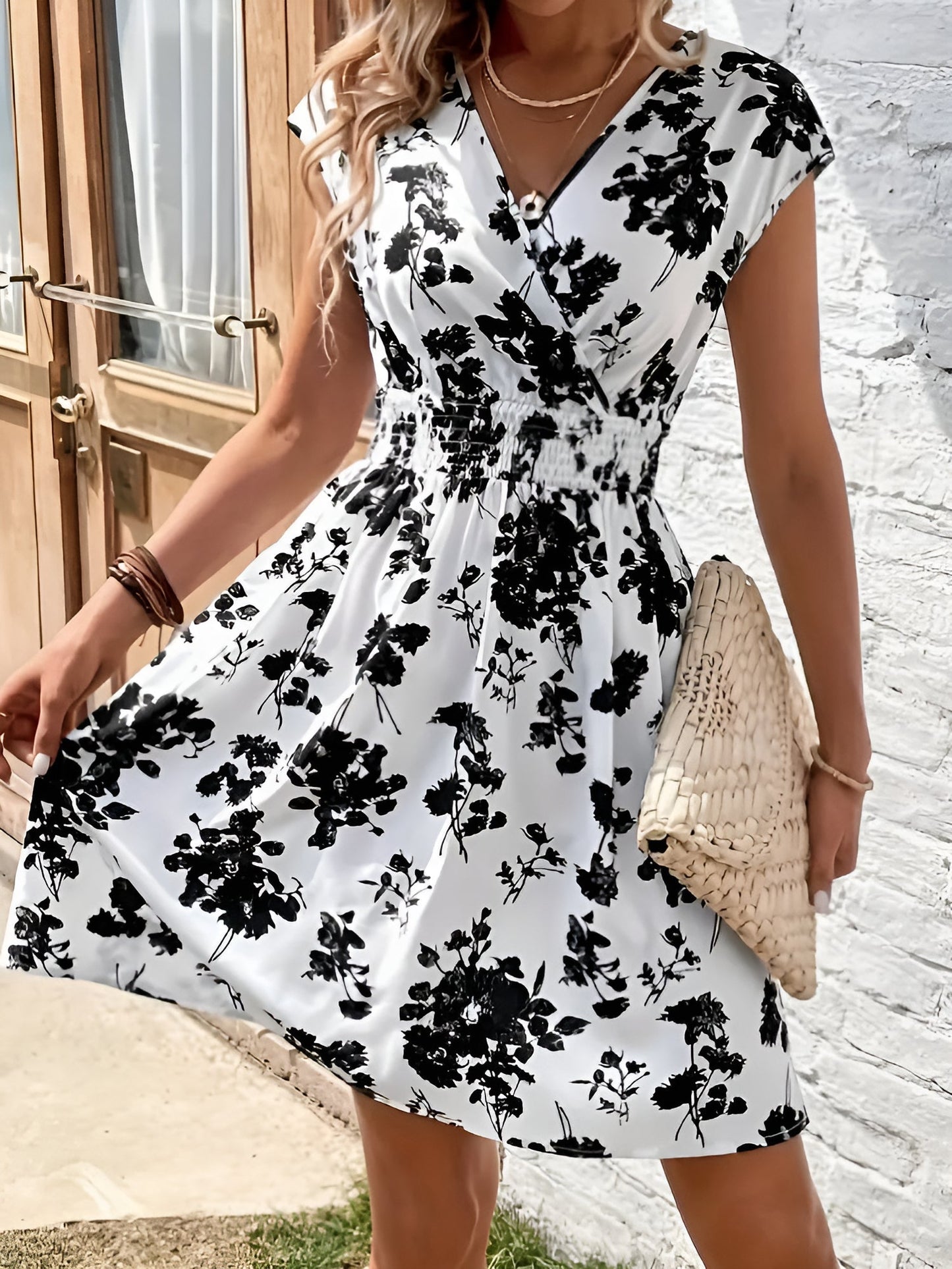 Leopard Floral V-Neck Cap Sleeves A-Line Dress