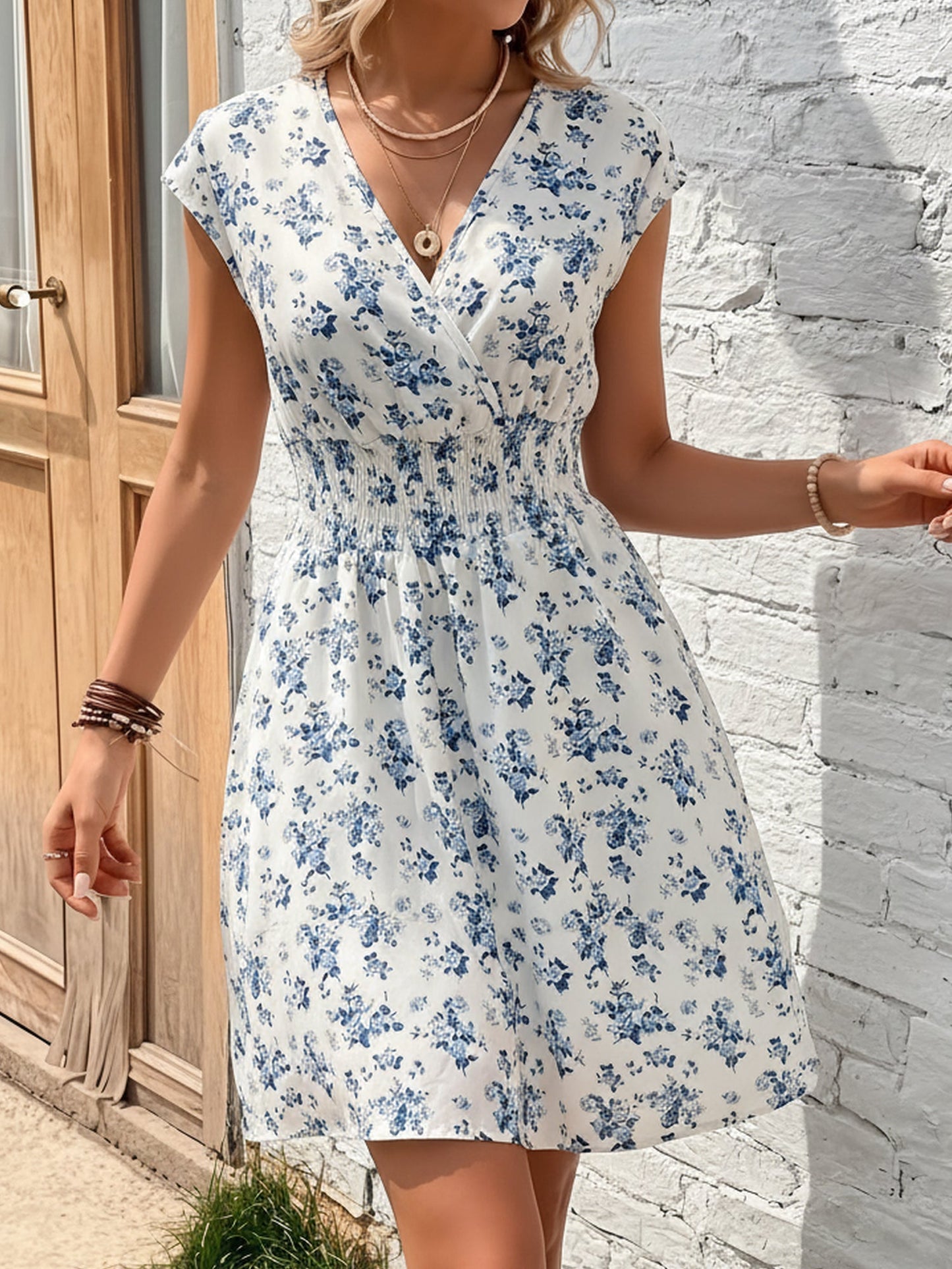Leopard Floral V-Neck Cap Sleeves A-Line Dress