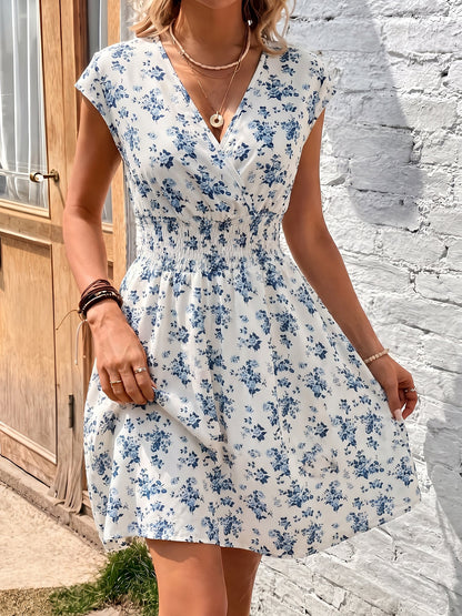 Leopard Floral V-Neck Cap Sleeves A-Line Dress