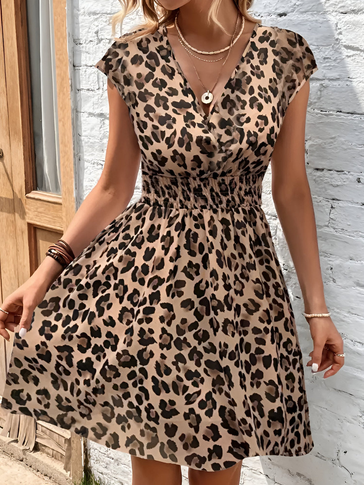 Leopard Floral V-Neck Cap Sleeves A-Line Dress