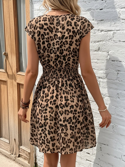 Leopard Floral V-Neck Cap Sleeves A-Line Dress