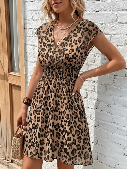 Leopard Floral V-Neck Cap Sleeves A-Line Dress