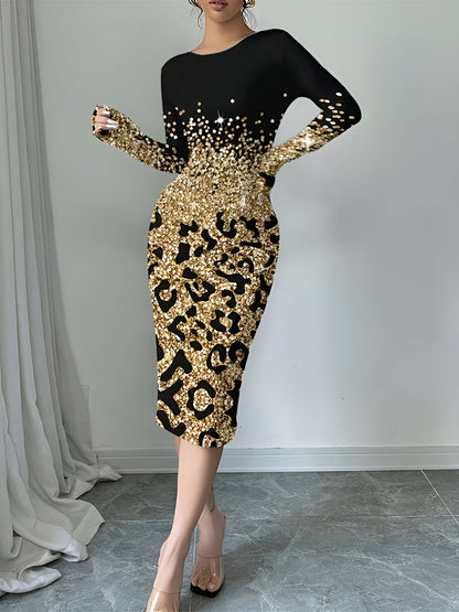 Leopard Gradient Print Round Neck Long Sleeve Midi Dress